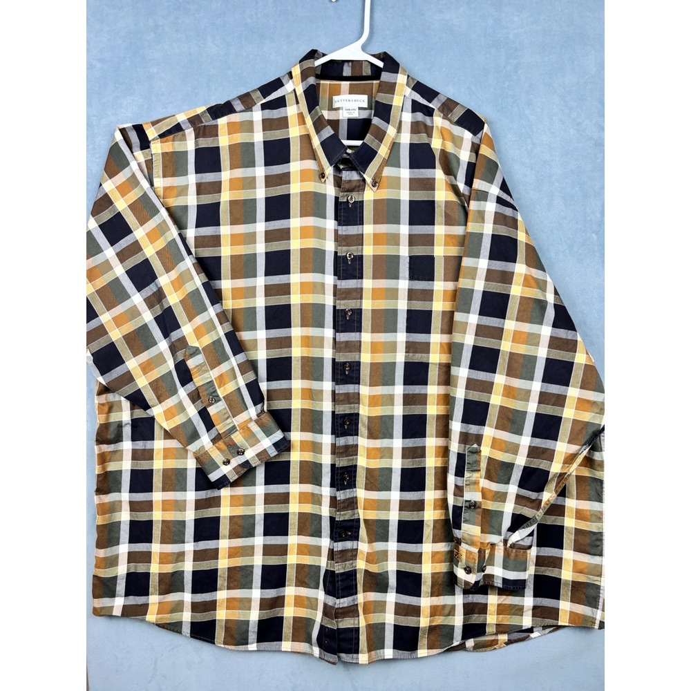 Cutter & Buck Mens 4XB Plaid Button Down Shirt Long Sleeve Brown Blue Big & Tall